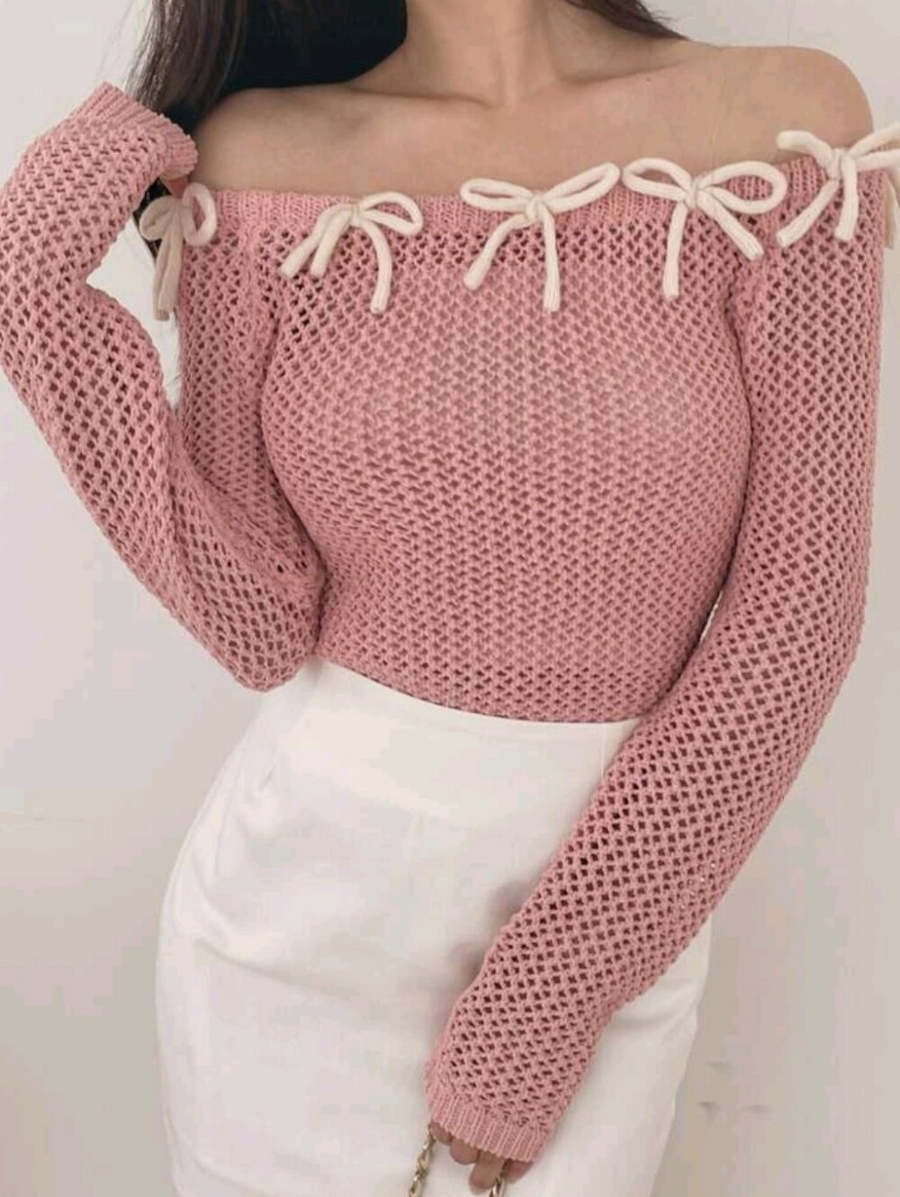 Women's Bow Contrast Color Fitted Square Neck Long Sleeve Hollow - Picture 6 of 8